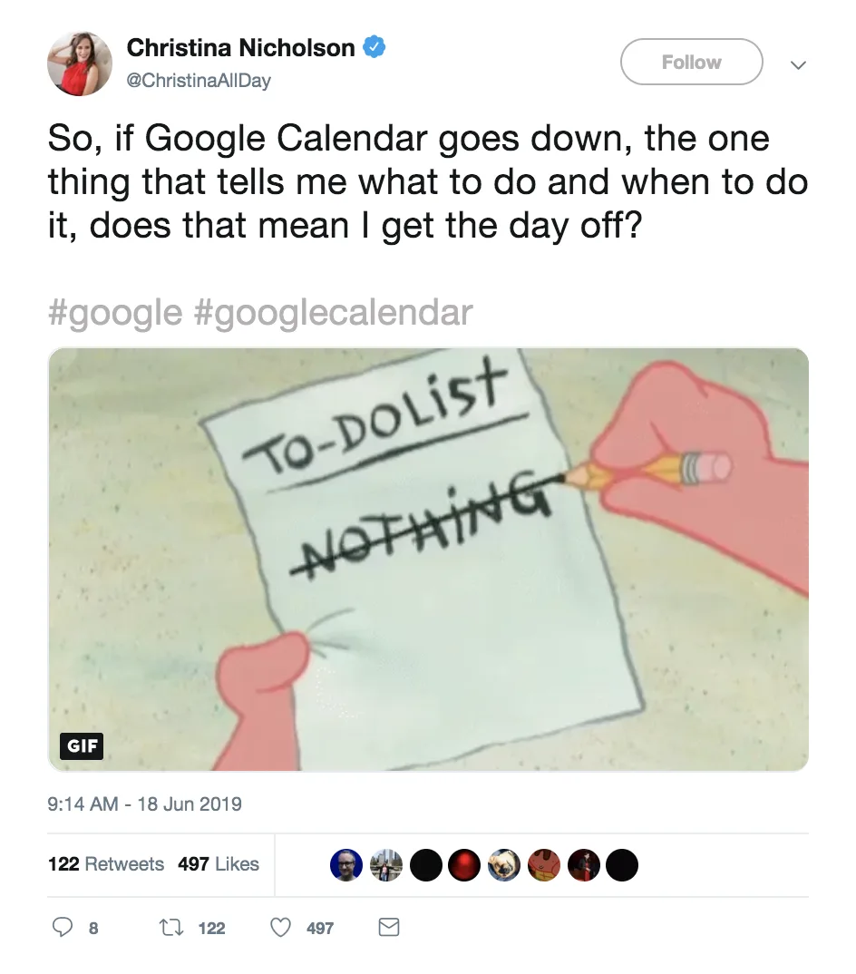 Google Calendar down: Funny tweet by Jen Mayhew