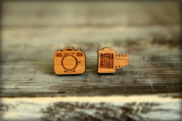Cool geeky jewelry: camera and film wooden stud earrings