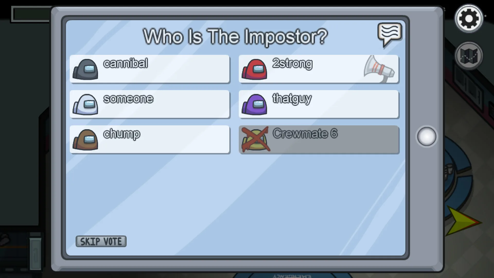 Voting on the Imposter in the Among Us multiplayer game for kids