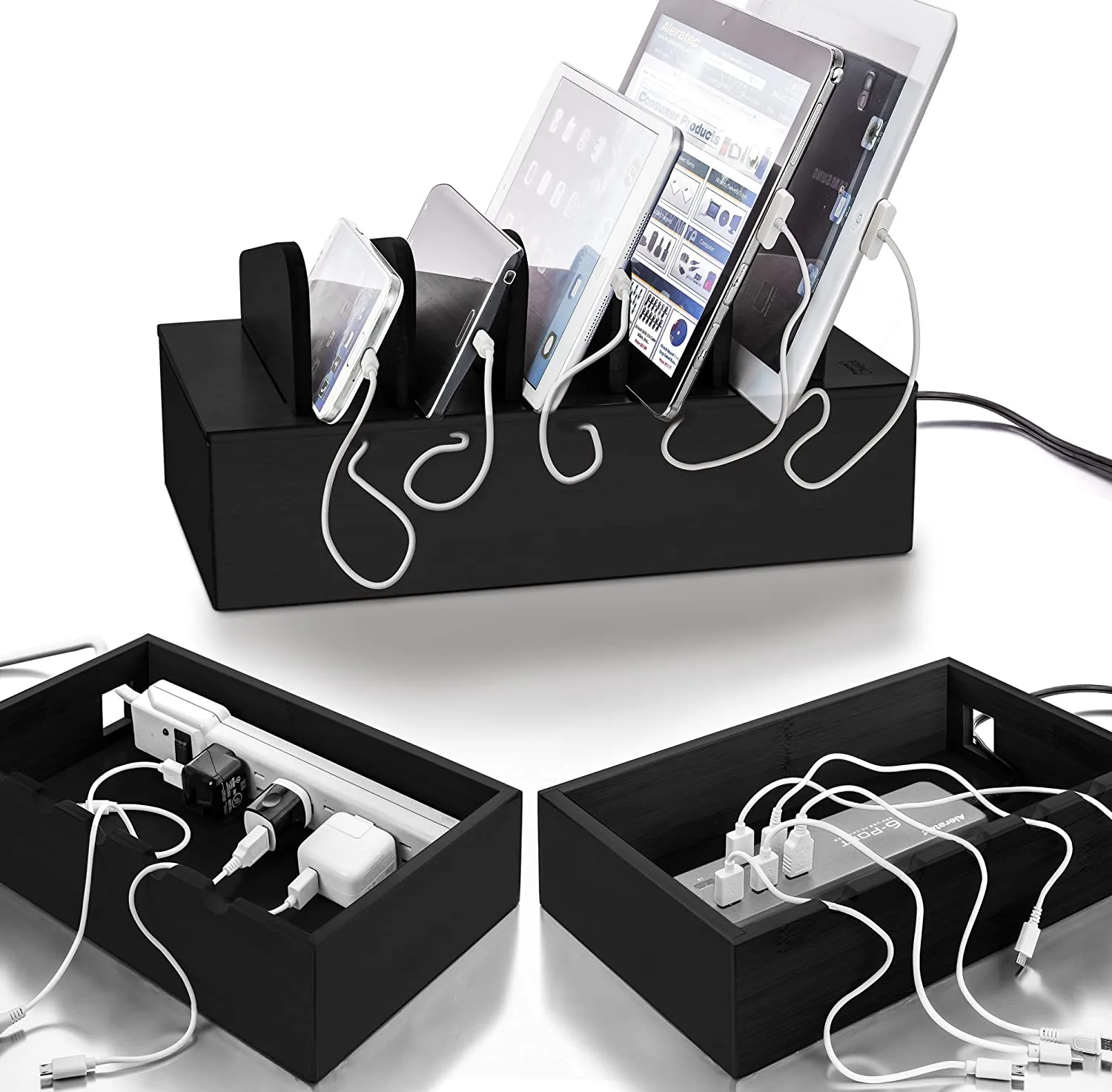 Black bamboo charging station lets you hide power strip inside