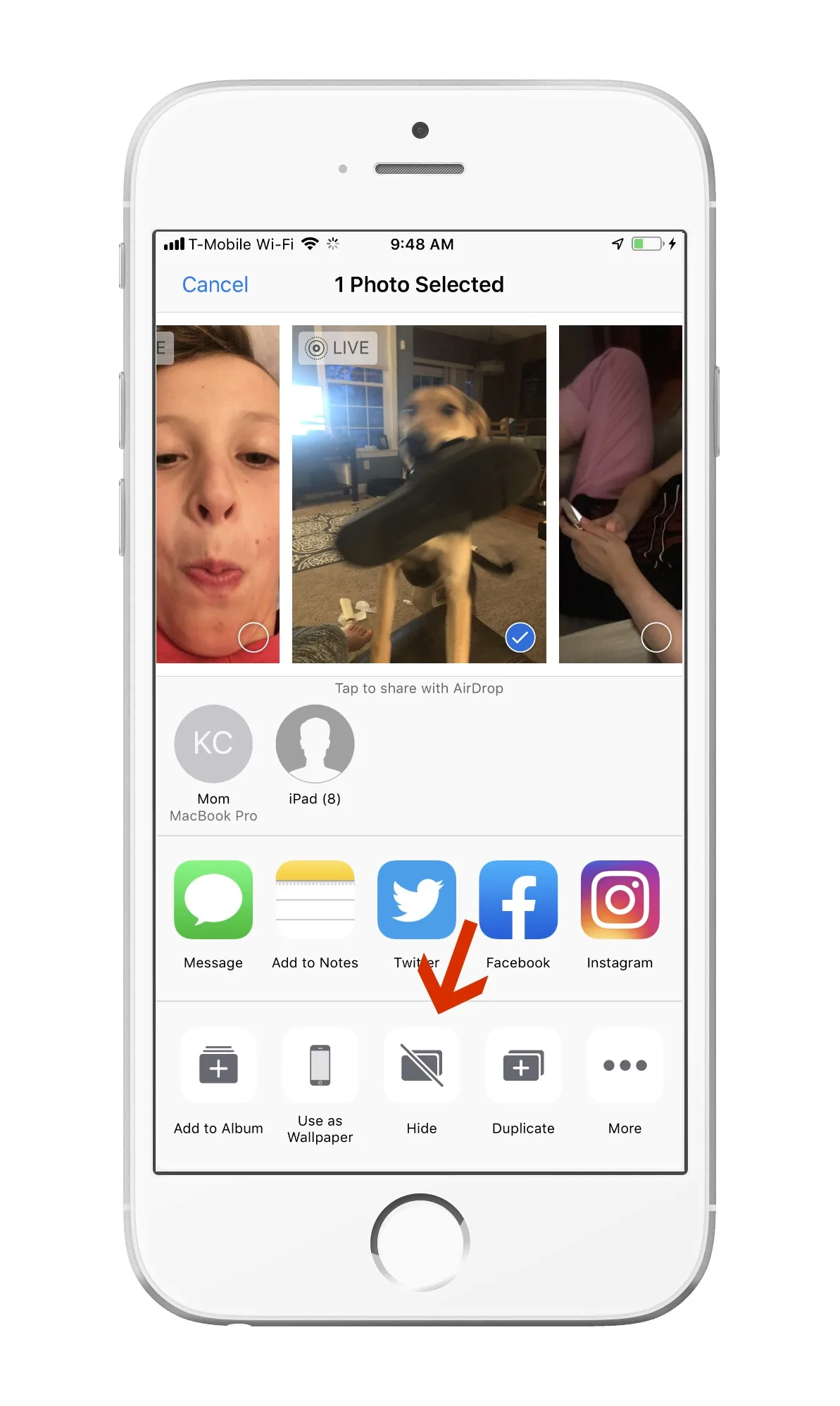 Here's how to hide a photo on your iPhone: Step 3