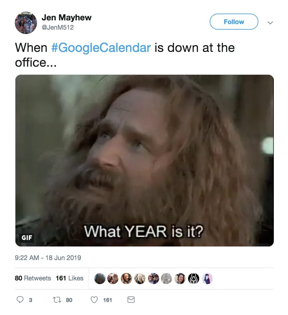 Google Calendar down: Funny tweet by Jen Mayhew