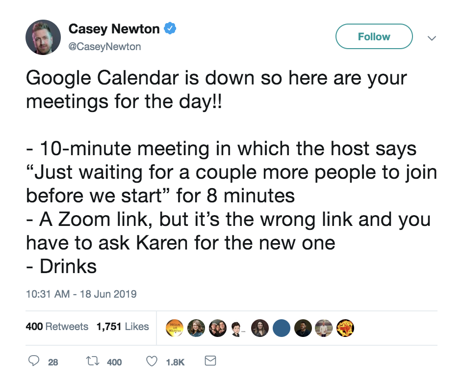Google Calendar down: Funny tweet by Casey Newton