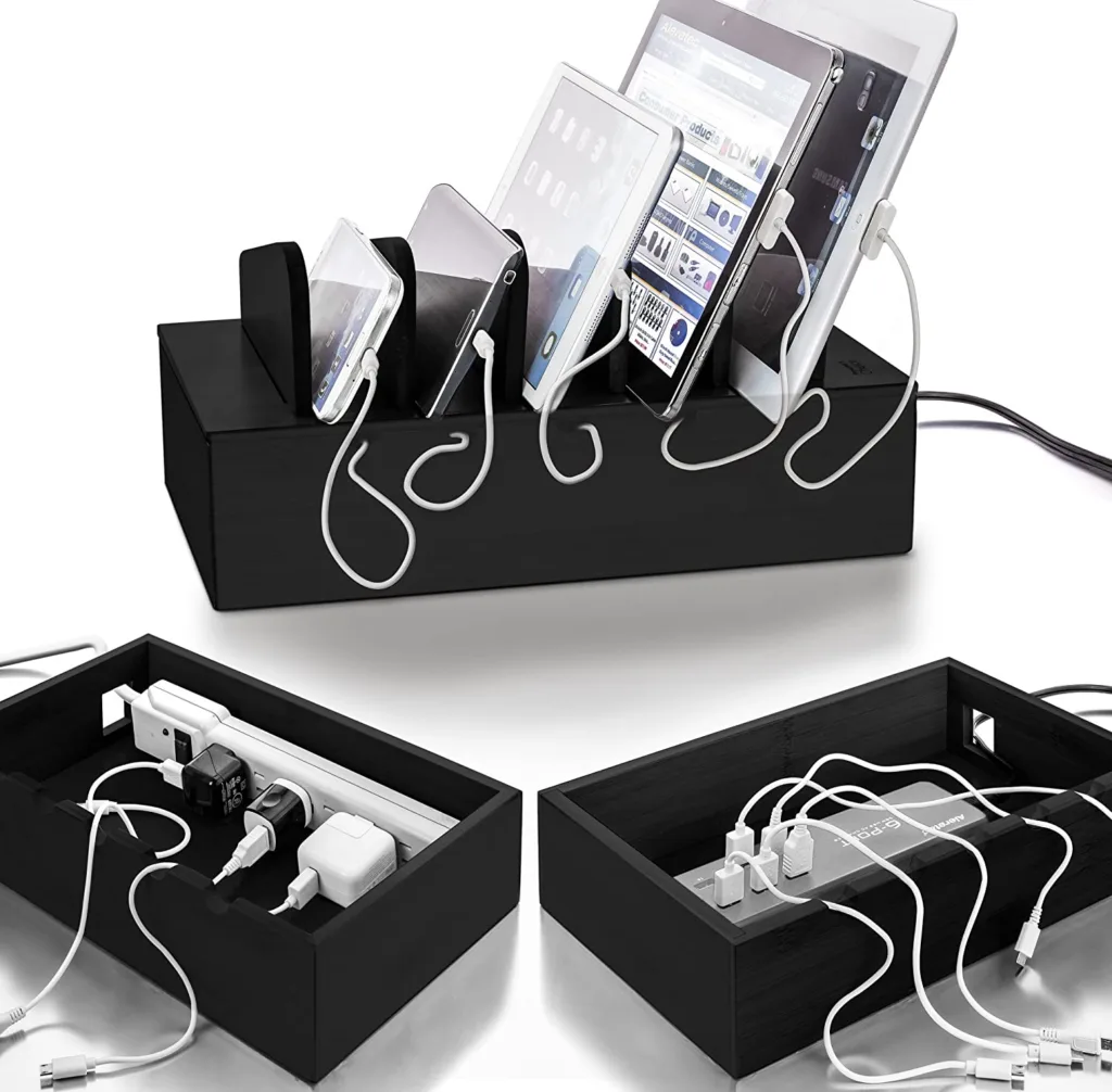 Black bamboo charging station lets you hide power strip inside