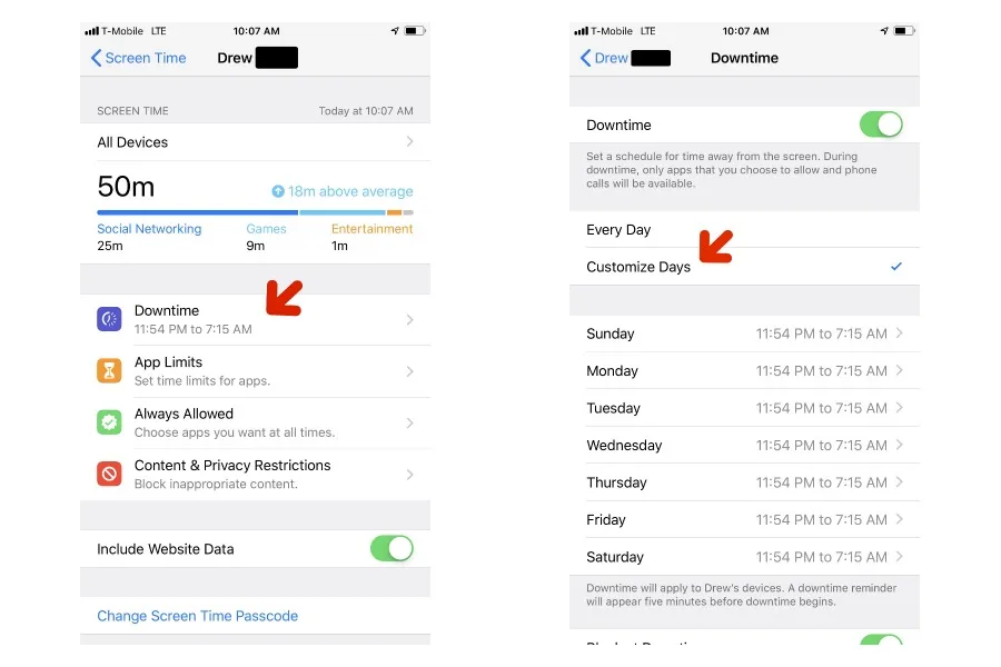 How to customize Downtime with specific days on Screen time app iOS 12.2