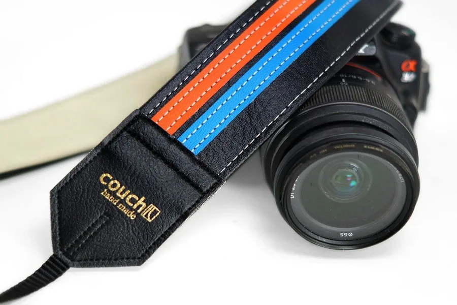 The handmade Couch camera straps from upcycled materials