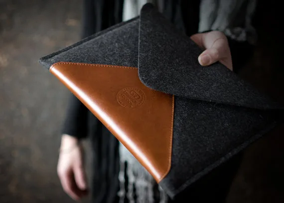 Leather and wool gadget case by Cinnamon Cocoon