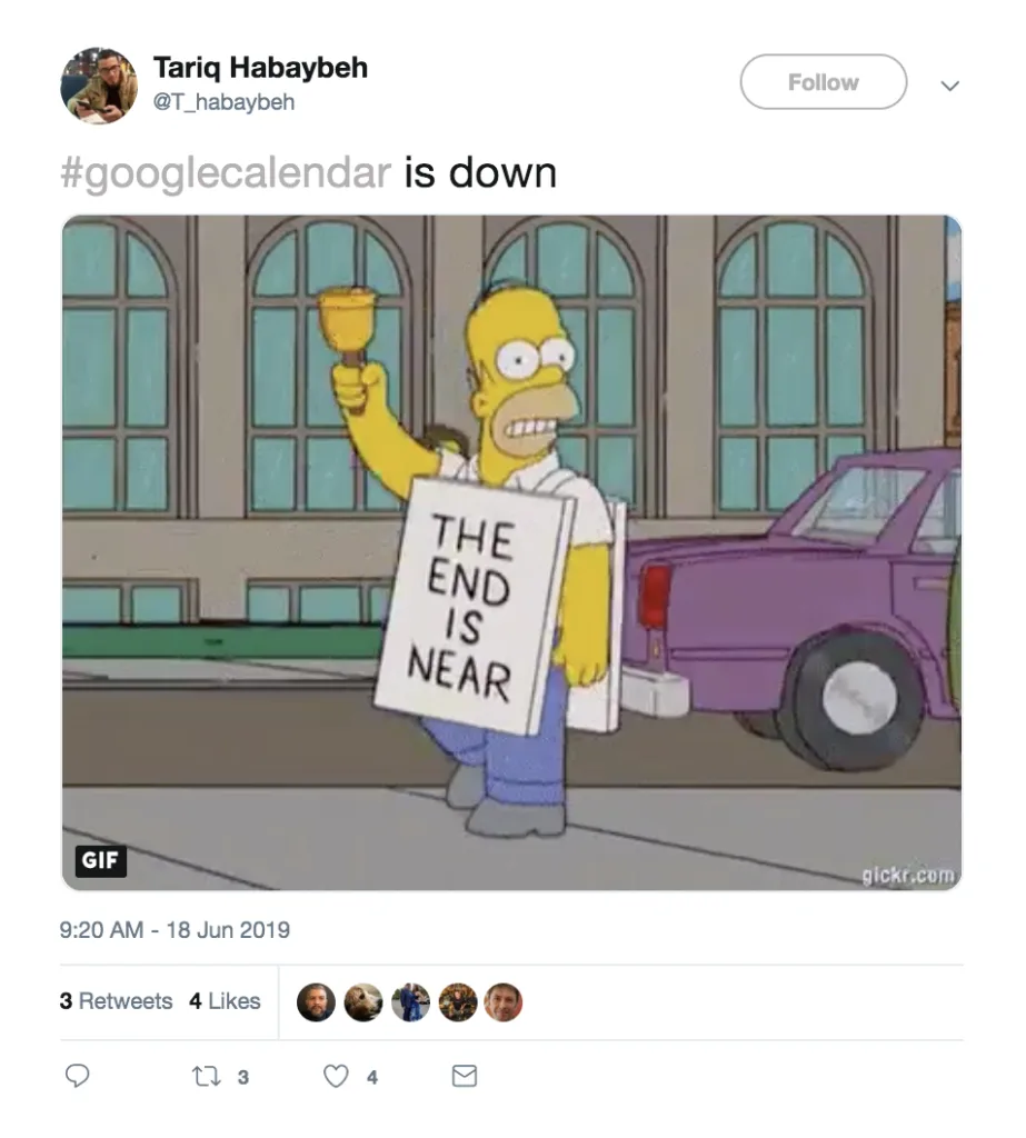 Google Calendar down: Funny tweet by Tariq Habaybeh